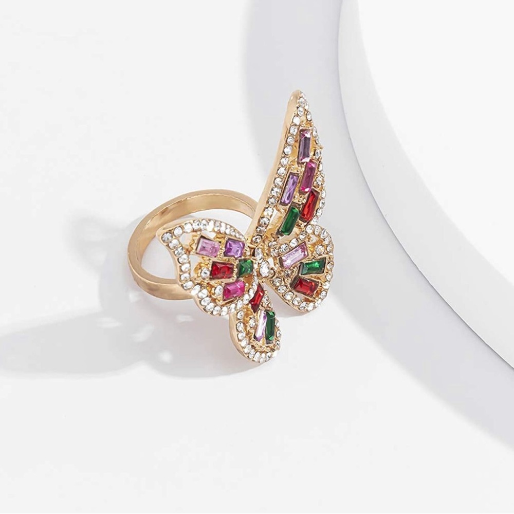 NWT Gorgeous Multi Colored Crystal Adjustable Gold Butterfly Statement Ring